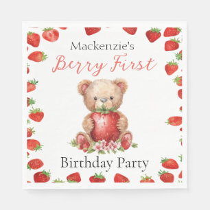 Teddybär und Erdbeere erster Geburtstag Serviette