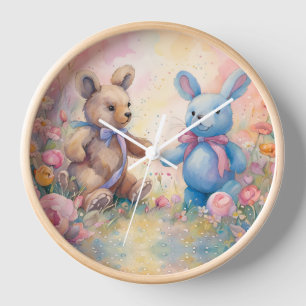 Teddybär und Häschen in einem Pastellgarten Uhr