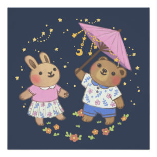 Teddybär und Hase unter den Sternen Illustration Poster
