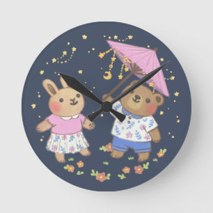 Teddybär und Hase unter den Sternen Illustration Runde Wanduhr