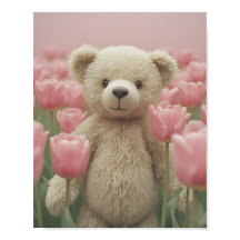 Teddybär und rosa Tulpe Kinderzimmerposter