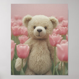 Teddybär und rosa Tulpe Kinderzimmerposter Poster