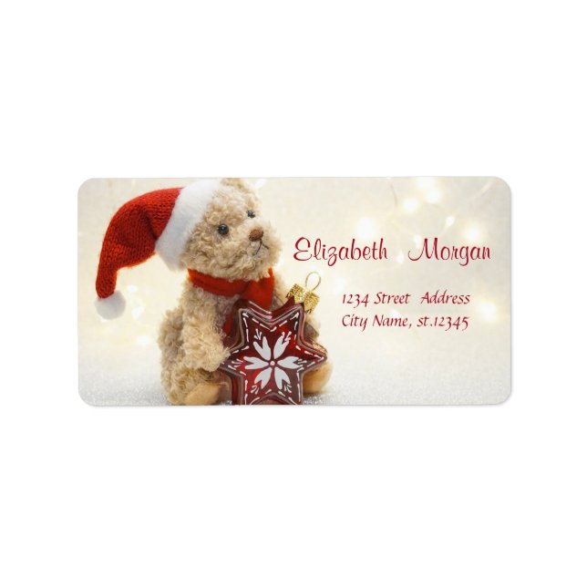 Teddybär, Weihnachtsmannmütze, Weihnachtsschmuck Adressaufkleber (Vorne)