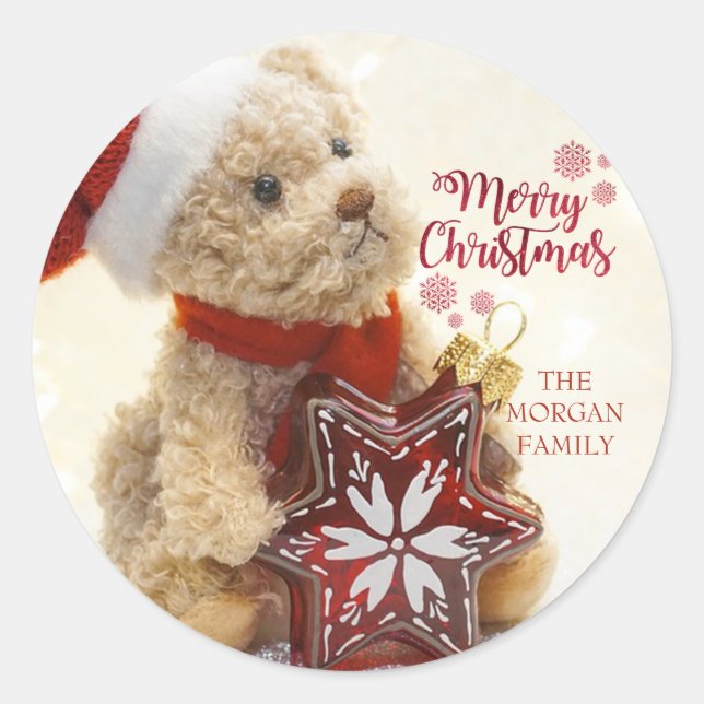Teddybär, Weihnachtsmannmütze, Weihnachtsschmuck Runder Aufkleber (Vorderseite)