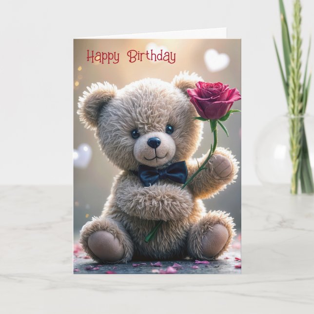 Teddybär zum Geburtstag mit Rote Rose Karte (Vorderseite)
