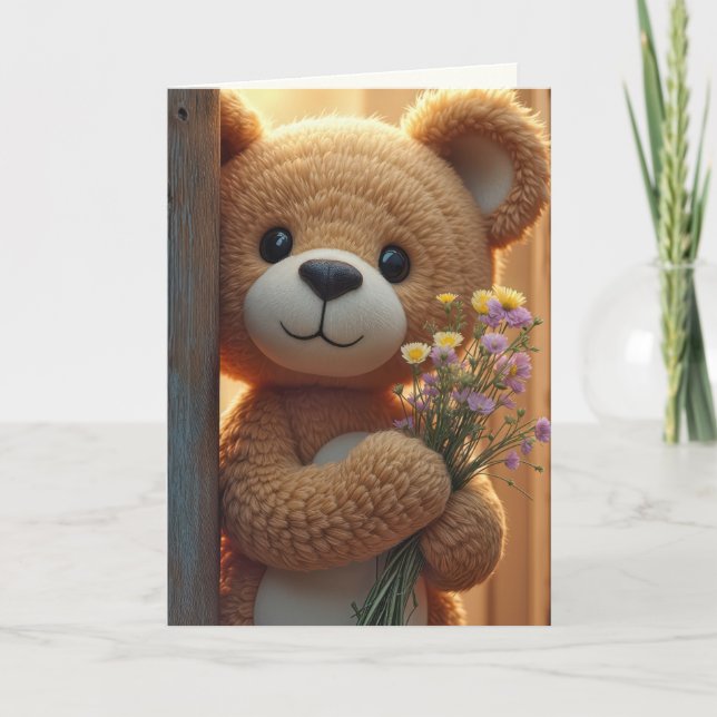 Teddybär zum Geburtstag mit Wildblume Bouquet Karte (Vorderseite)