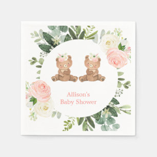 Teddybär Zwillingsmädchen pinkfarbene Blütendusche Serviette