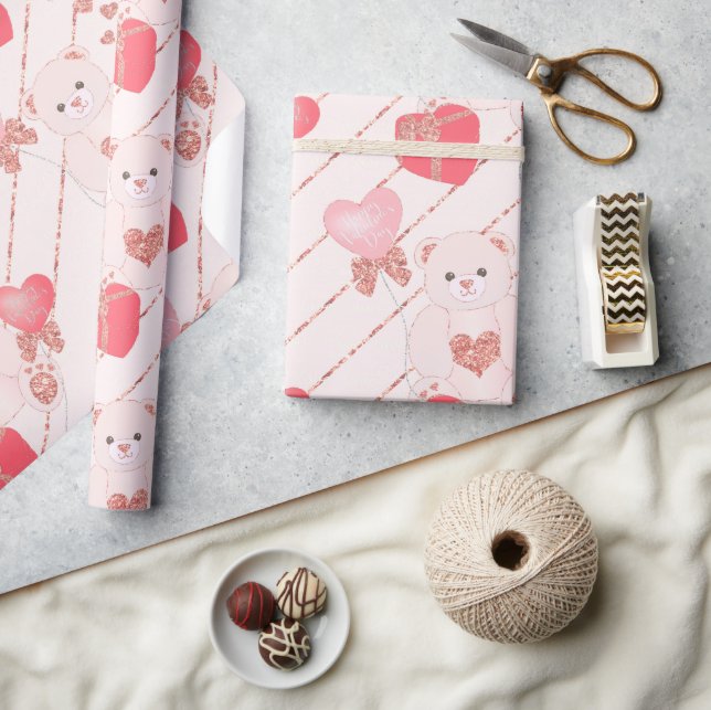 Teddybären Glitzer Rosa Herzchen Geschenkpapier (Kunsthandwerk)