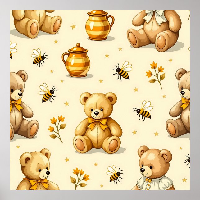 Teddybären Honigbienen Kinderzimmer Muster Poster (Vorne)