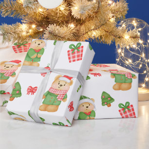 Teddybären, Weihnachtsbäume und Weihnachtsschmuck Geschenkpapier