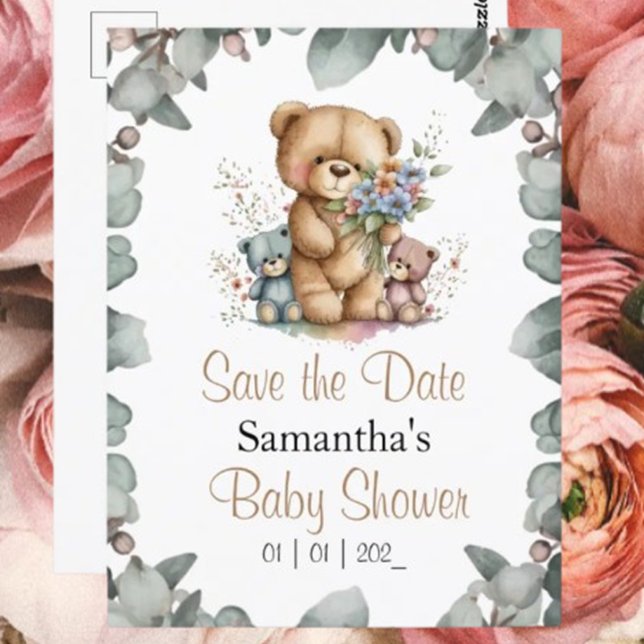 Teddybären-Zwillinge Aquarell  Datum Postkarte (P.S. Get ready for some adorable baby shower invites that are sure to warm your hearts! 🌸💙)