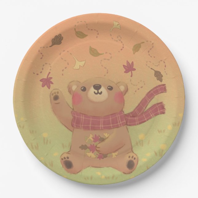Teddybärs Herbstlaub Pappteller (Vorderseite)