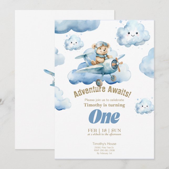 Teddy's Sky-High First Birthday Adventure Einladung (Vorne/Hinten)
