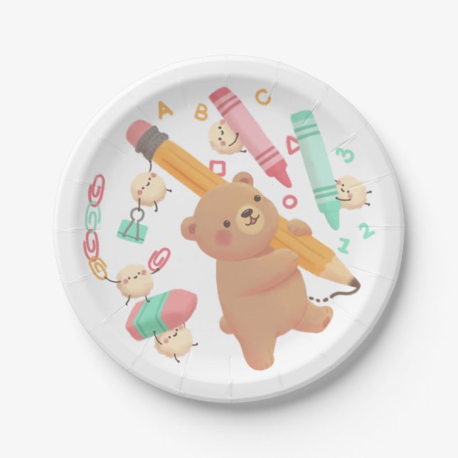 Teddy's Zurück-zur-Schule-Illustration Pappteller (Vorderseite)