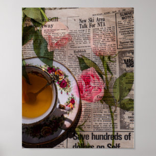 Tee auf altem handgeschriebenem Papier und rosa Ro Poster