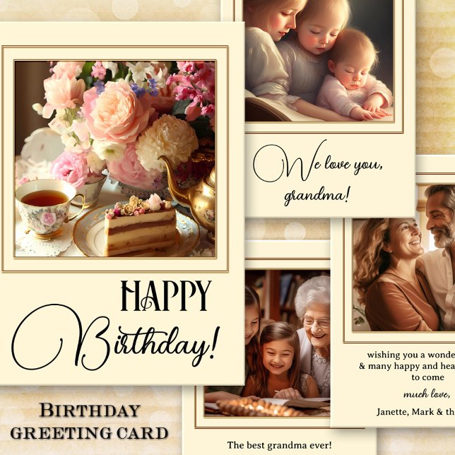 Tee Cake Foto Oma Birthday Herzlichen Glückwunsch Karte (A classic birthday congratulations card showing an image of tea and cake with roses and your photos)