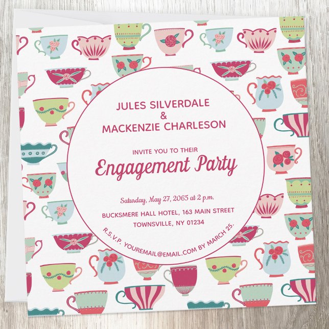 Tee Cups Moderne Vintage Verlobung Einladung (Vintage retro teacup pattern personalized engagement party invitation)