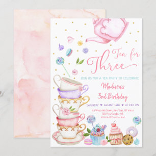 Tee für drei rosa Blumenkost Party Geburtstag Einladung
