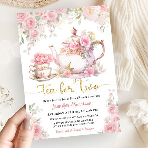 Tee für Zwei Baby Shower Gold Rosé Pink Floral Einladung
