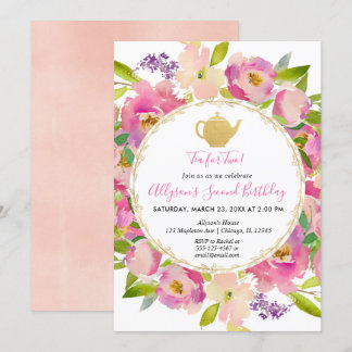 Tee für zwei erröten rosa BlumenAquarellgeburtstag Einladung