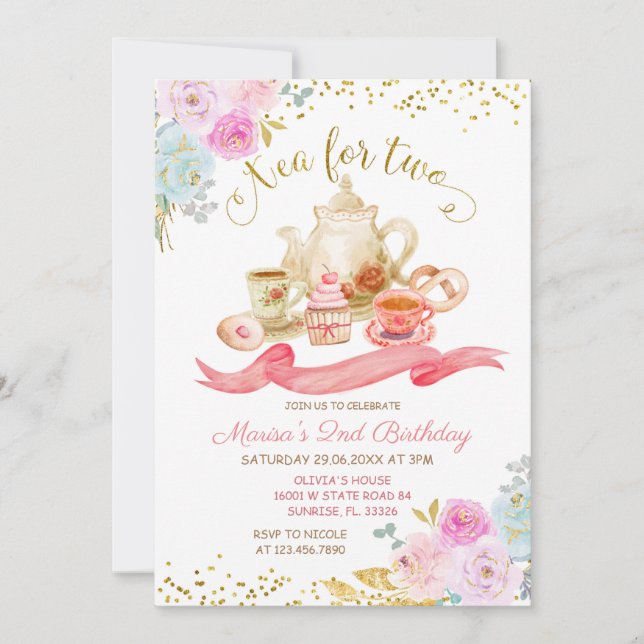 Tee für zwei rosa Blumengeburtstag Einladung (Vorderseite)