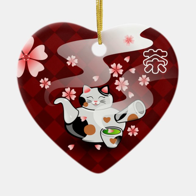Tee I <3 Maneki Neko Kirschblüte Verzierung Keramikornament (Vorne)