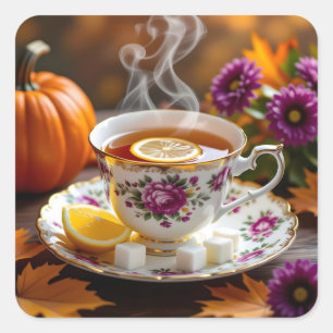 Tee in einem Vintagen Teacup, Mama, Kürbisherbst Quadratischer Aufkleber