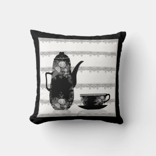 Tee-Kaffeekanne Becher Schwarz-weiße Illustrations Kissen