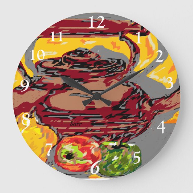Tee-Kettle mit Obst Große Wanduhr (Vorderseite)