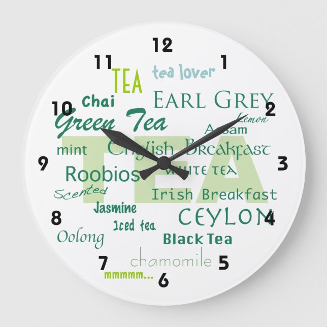 Tee Liebhaber-Schatten der grünen Wort-Wolke Große Wanduhr (Vorderseite)