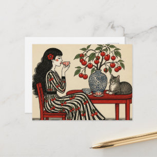 Tee mit meiner Katze in meinem Kirschkleid Postkarte
