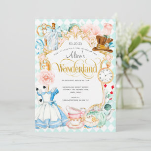 Tee Party Alice im Wunderland Rosa Mädchen Geburts Einladung