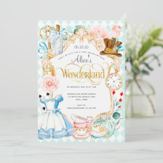 Tee Party Alice im Wunderland Rosa Mädchen Geburts Einladung