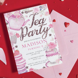 Tee-Party Aquarell Geburtstag Glitzer Einladung