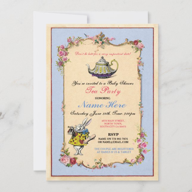 Tee Party Baby Dusche Blue Pink Teapot Einladung (Vorderseite)