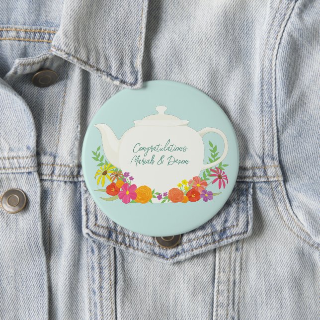 Tee Party Baby Dusche Teapot Frühlingsflora Button (Beispiel)