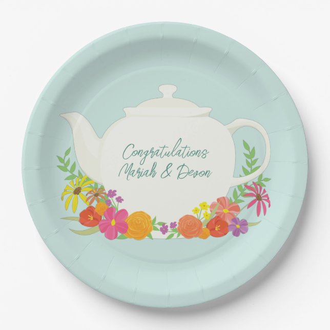 Tee Party Baby Dusche Teapot Frühlingsflora Pappteller (Vorderseite)