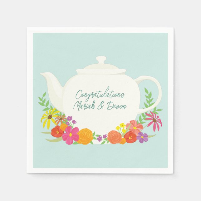 Tee Party Baby Dusche Teapot Frühlingsflora Serviette (Vorderseite)