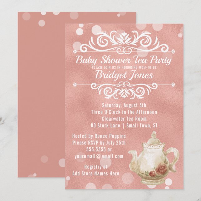 Tee-Party-Baby-Duschen-Einladungs-Rosen-Gold Einladung (Vorne/Hinten)