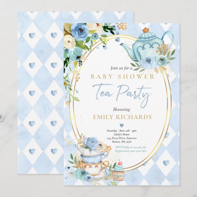 Tee Party Baby Shower Boy Blue Rose Baby Brewing Einladung (Vorne/Hinten)