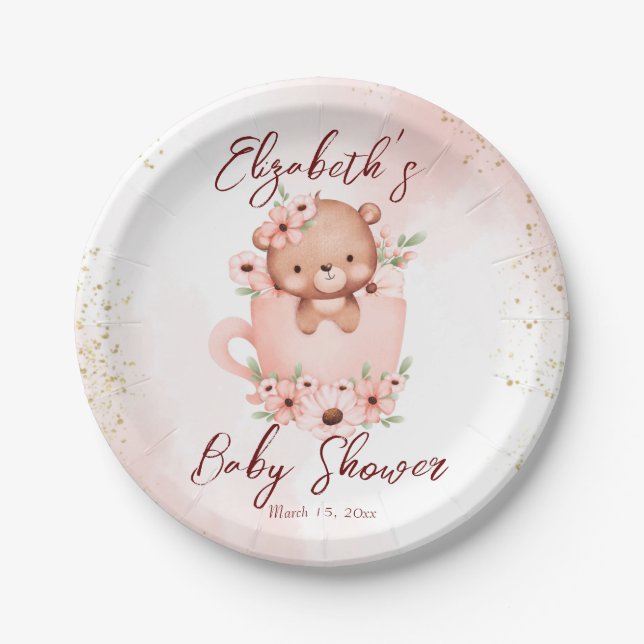 Tee-Party Babydusche rosa Teddy in einer Tasse nac Pappteller (Vorderseite)