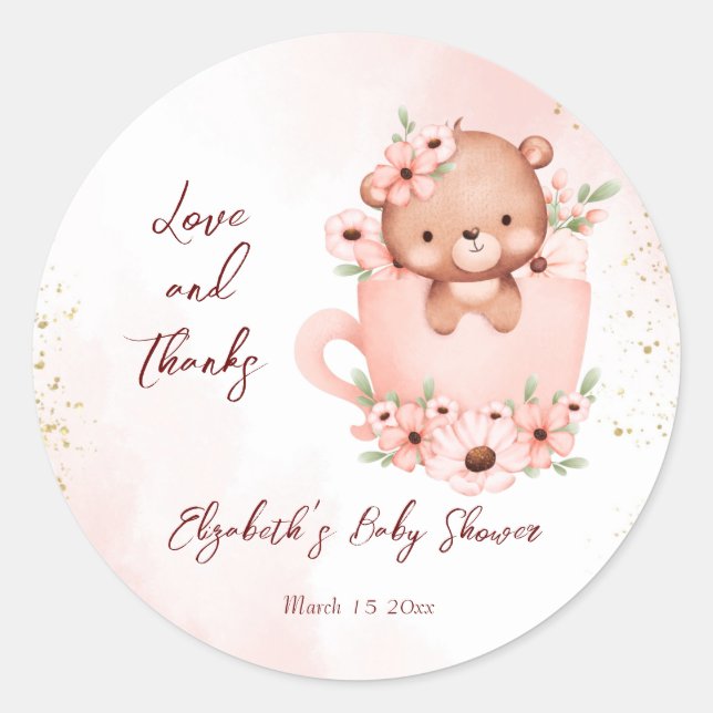 Tee-Party Babydusche rosa Teddy in einer Tasse Runder Aufkleber (Vorderseite)