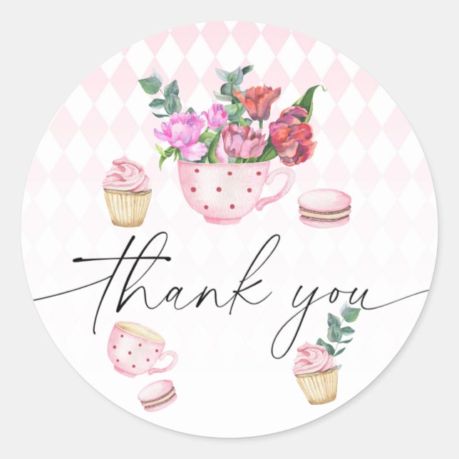 Tee-Party-Blume Babydusche Danke Runder Aufkleber (Vorderseite)