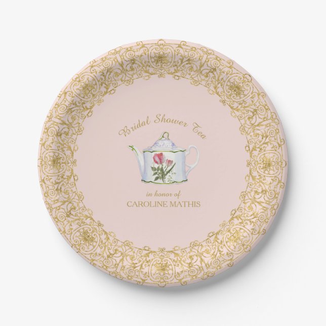 Tee Party Blumenrosa Gold Glitzer Brautparty Pappteller (Vorderseite)