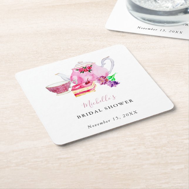 Tee-Party Brautparty Blush Dusty Rose Teapot Rechteckiger Pappuntersetzer (angewinkelt)