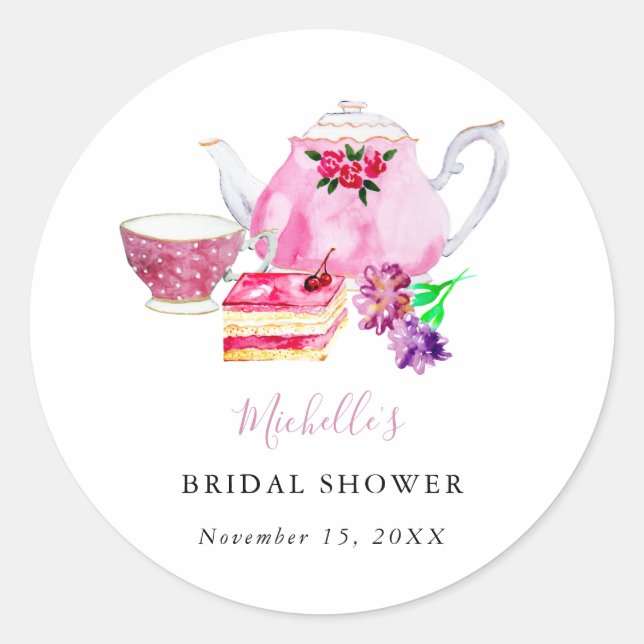 Tee-Party Brautparty Blush Dusty Rose Teapot Runder Aufkleber (Vorderseite)