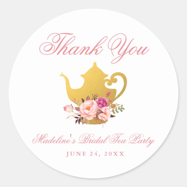 Tee Party Brautparty Floral Pink Danke Runder Aufkleber (Vorderseite)