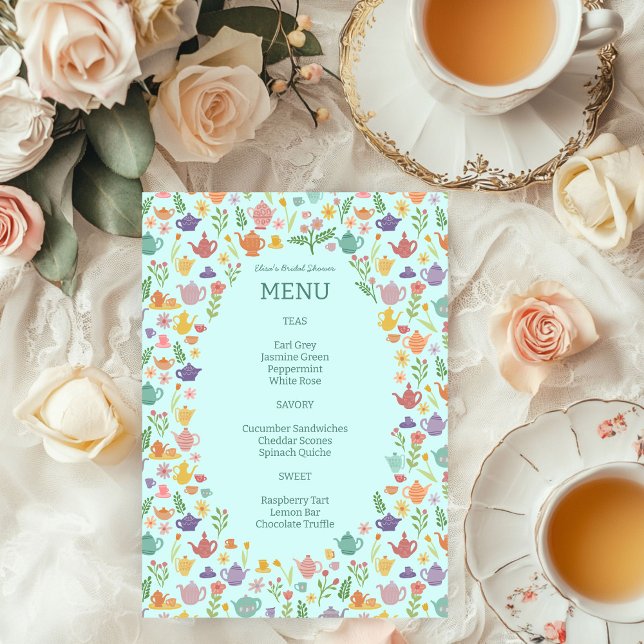 Tee-Party-Brautparty Niedlich farbenfroh CUSTOM Menükarte (Tea Party Bridal Shower Cute Colorful CUSTOM Menu
)