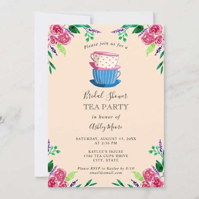 Tee-Party Brautparty Rosa Blume Teakups Einladung (Vorderseite)