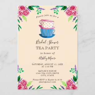 Tee-Party Brautparty Rosa Blume Teakups Einladung